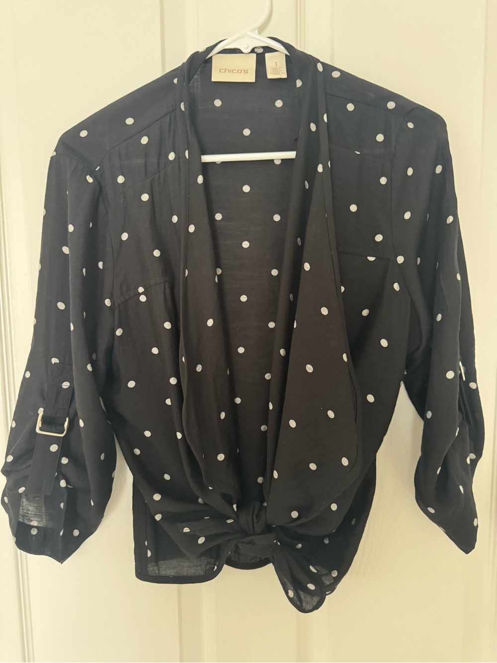 Chico's Black and White Polka Dot Tie-Front Shirt Size 1